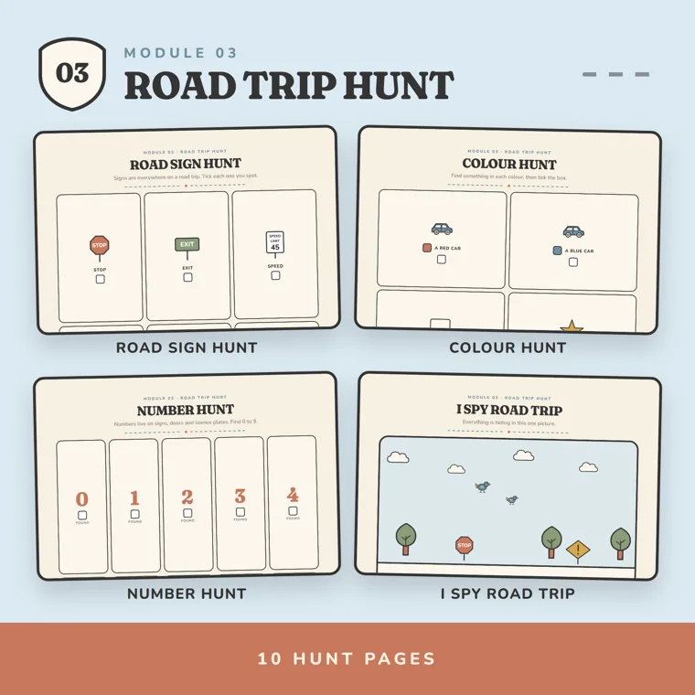 Four road trip hunt pages: a road sign hunt with stop, exit and speed signs, a hunt for colored cars, a number hunt from 0 to 4, and an I Spy road scene