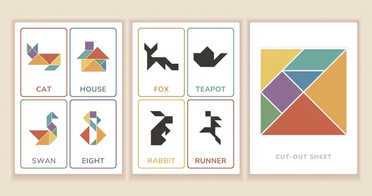 Four colored tangram cards and four black tangram silhouettes, a cat, house, swan, eight, fox, teapot, rabbit and runner, beside a cut-out sheet of seven pieces