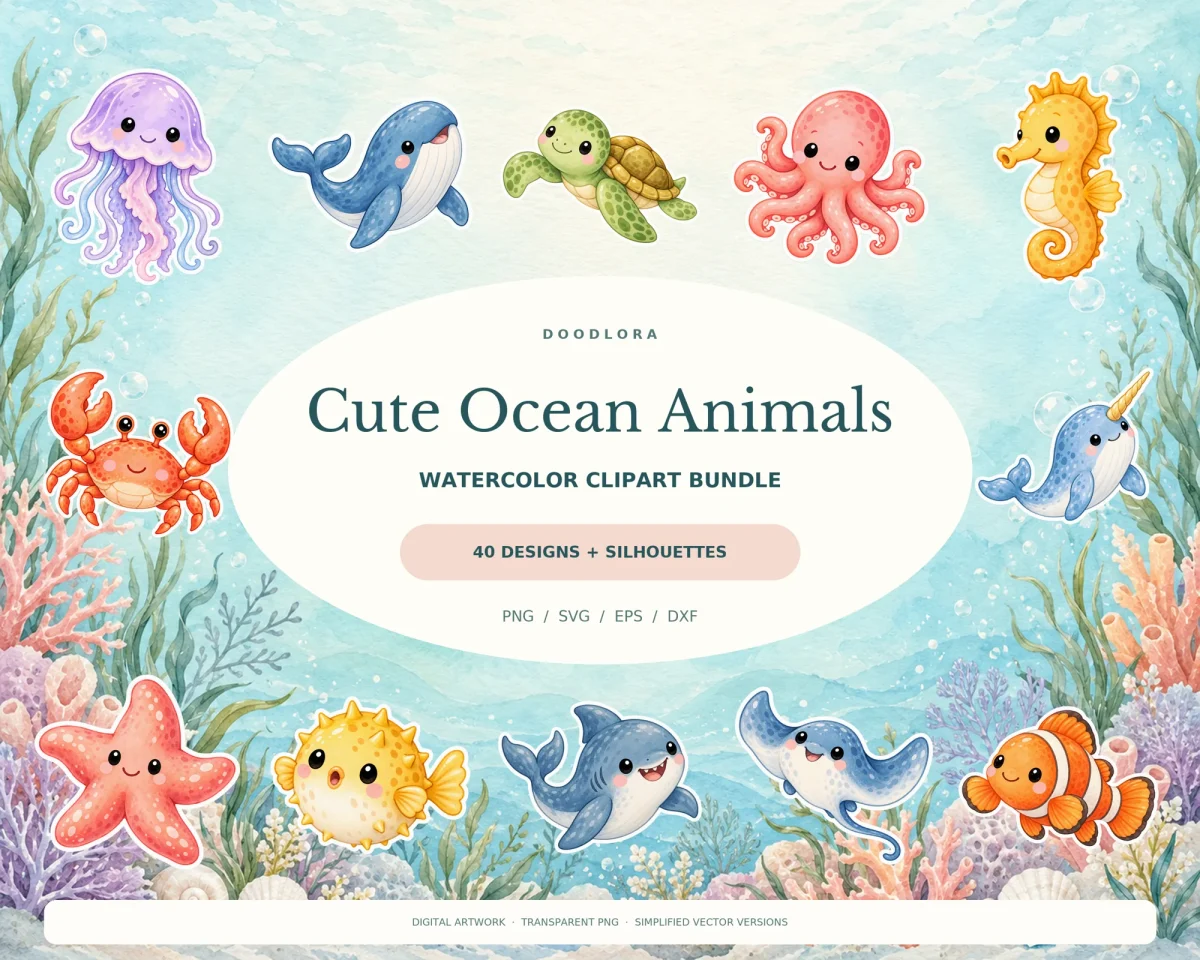 Watercolor jellyfish, whale, sea turtle, octopus, seahorse, crab, narwhal, starfish, pufferfish, shark, stingray and clownfish with white outlines around a title panel
