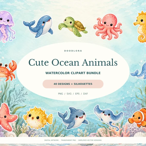 Watercolor jellyfish, whale, sea turtle, octopus, seahorse, crab, narwhal, starfish, pufferfish, shark, stingray and clownfish with white outlines around a title panel