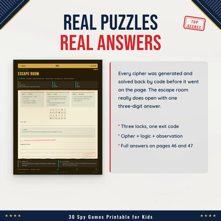 The Escape Room mission page with three locks, a grid of stars and shapes, and a line for the exit code