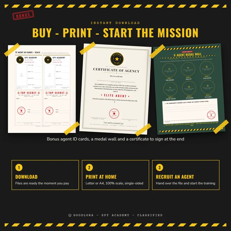 Two agent ID cards with envelope seals, the certificate of agency and the agent medal wall, above three steps to get started