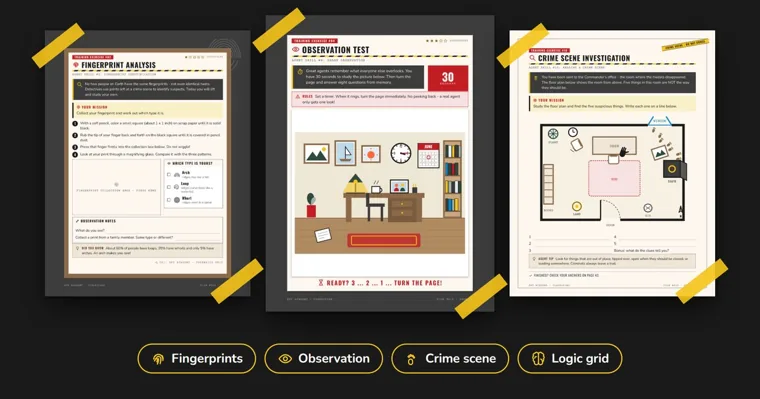 Fingerprint analysis, 30-second observation test and crime scene investigation pages from a spy training book, taped onto a dark background