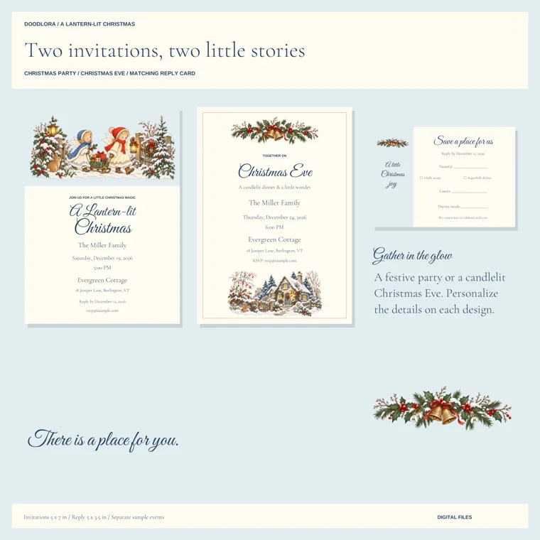 The Lantern-lit Christmas party invitation with two angel children and a sled, the Christmas Eve invitation with a snowy cottage, and the Save a place for us reply card