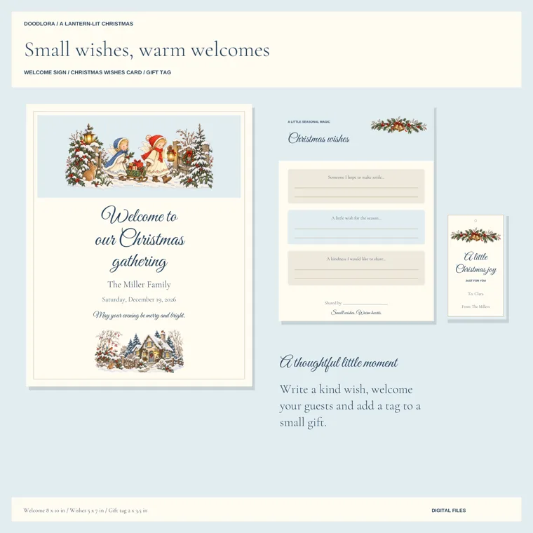 A Welcome to our Christmas gathering sign, a Christmas wishes card with three writing prompts, and a small gift tag reading To: Clara, From: The Millers