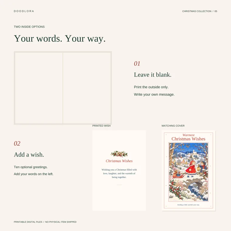 A blank open card next to a printed Christmas Wishes inside page and the matching Warmest Christmas Wishes cover