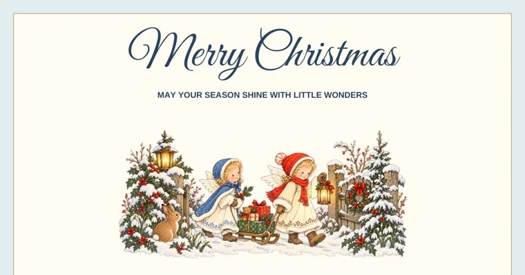 A Merry Christmas greeting with two angel children pulling a sled of wrapped gifts between a lantern post and a snowy gate