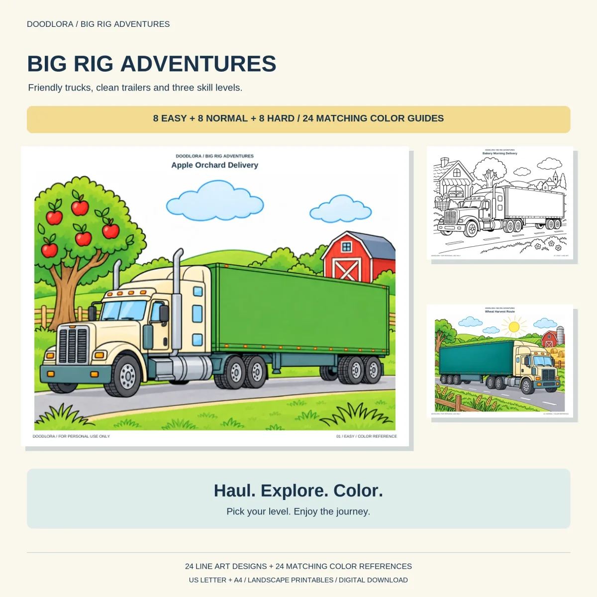 Big Rig Adventures cover with a cream cab pulling a green trailer past an apple tree and red barn, plus two smaller pages