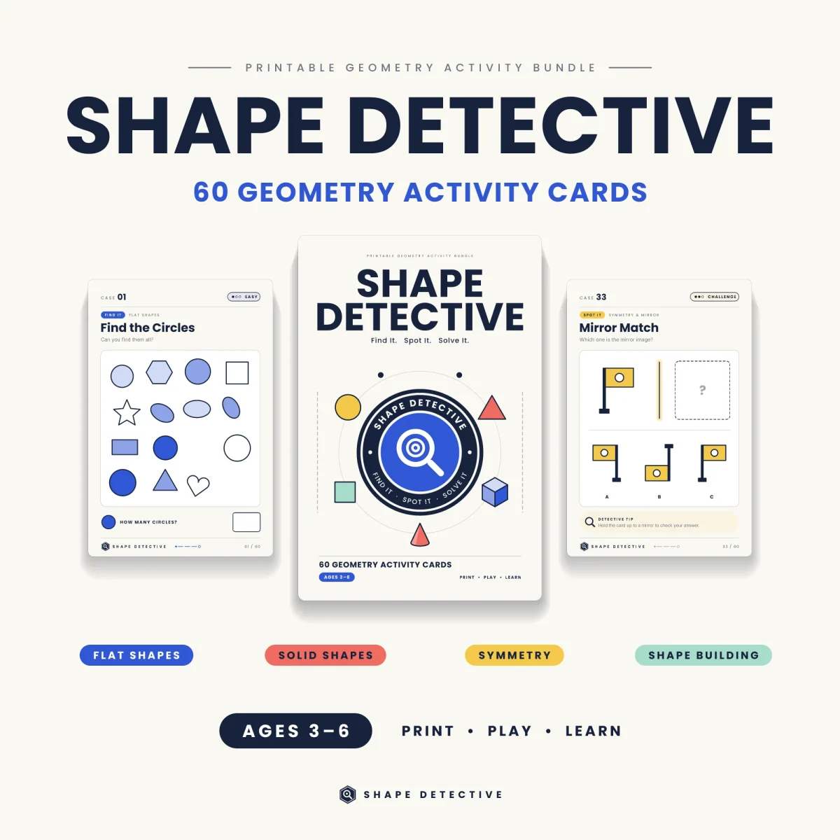 Shape Detective cover card between a Find the Circles case and a Mirror Match case, with the four category names and ages 3–6