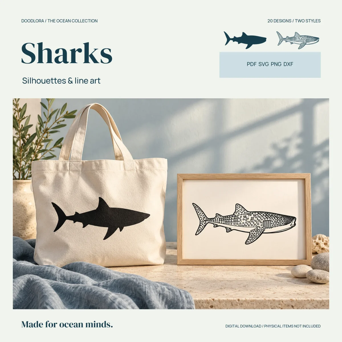 A canvas tote printed with a black shark silhouette next to a framed line drawing of a spotted whale shark, under the word Sharks and the formats PDF, SVG, PNG and DXF