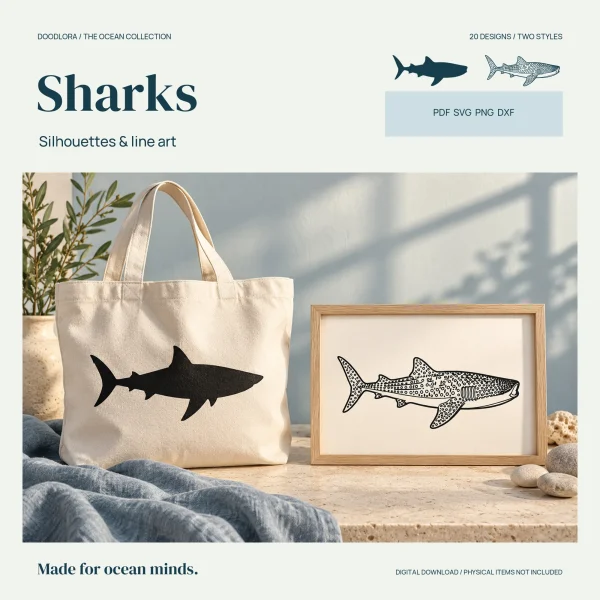 A canvas tote printed with a black shark silhouette next to a framed line drawing of a spotted whale shark, under the word Sharks and the formats PDF, SVG, PNG and DXF