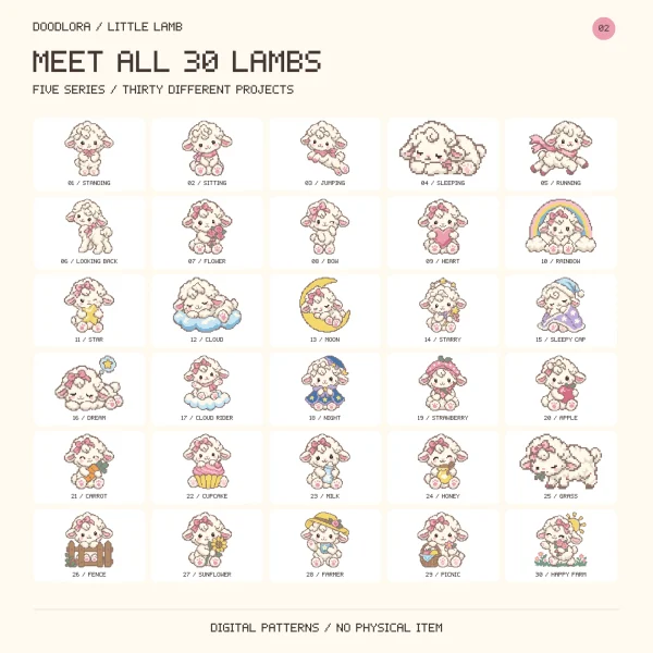 All 30 lamb designs in six rows, from Standing, Sitting and Jumping to Cupcake, Sunflower, Farmer and Happy Farm