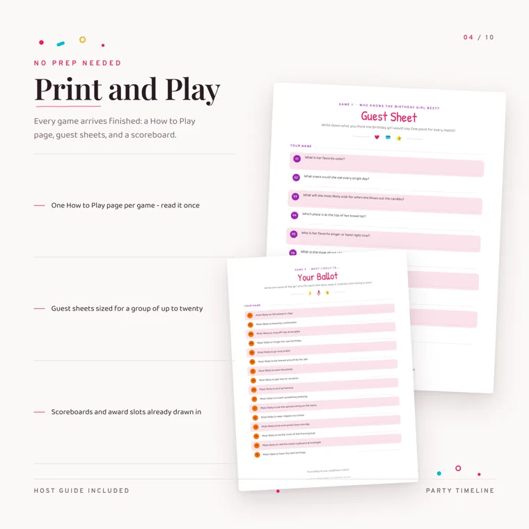 A Who Knows the Birthday Girl Best guest sheet with a Most Likely To ballot of numbered titles on top, next to the heading Print and Play