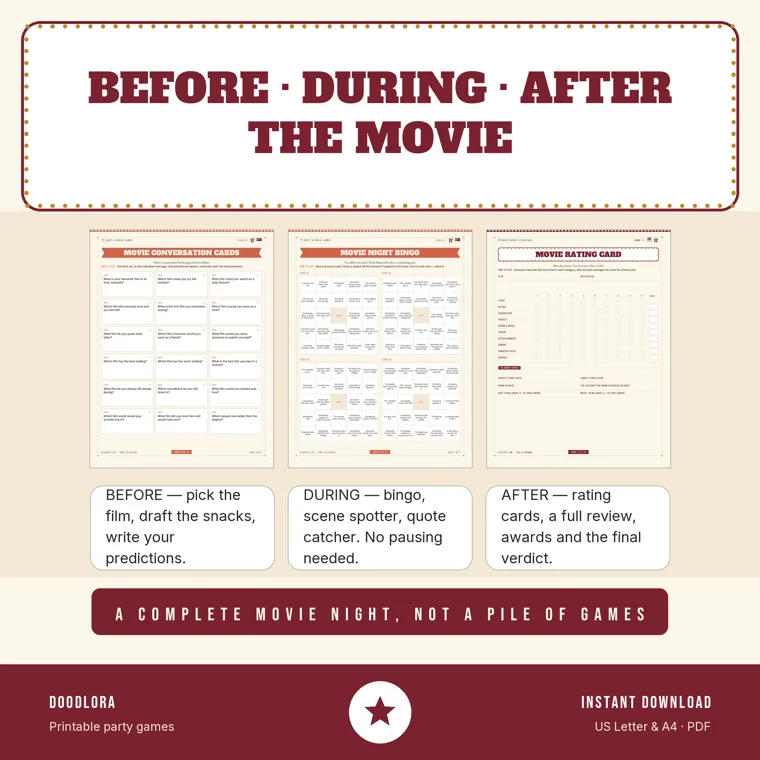 Movie conversation cards, a movie night bingo page and a movie rating card under the heading Before, During, After the Movie