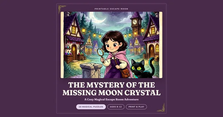 Cover of The Mystery of the Missing Moon Crystal, a girl with a magnifying glass and a black cat beside an empty stone pedestal in a lantern-lit village at night