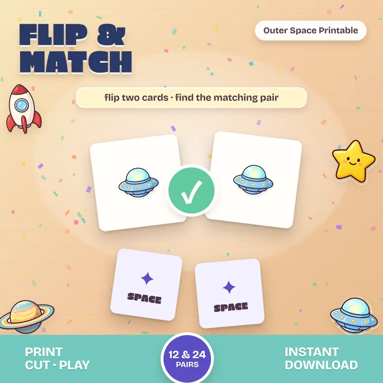 A matching pair of flying saucer cards with a green check mark between them, above two lavender card backs reading Space