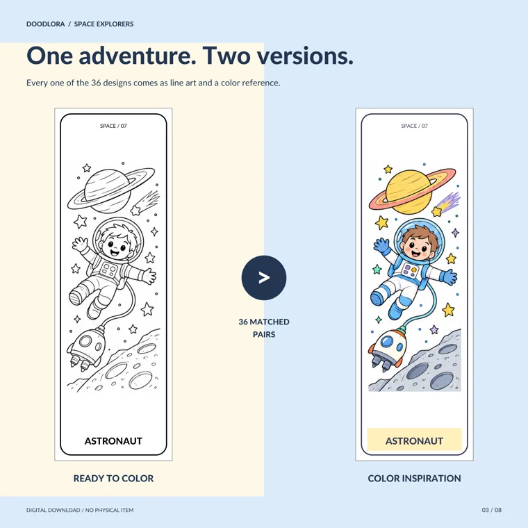 The astronaut bookmark as a black-and-white outline next to the same bookmark colored in, with a ringed planet, stars and a small rocket