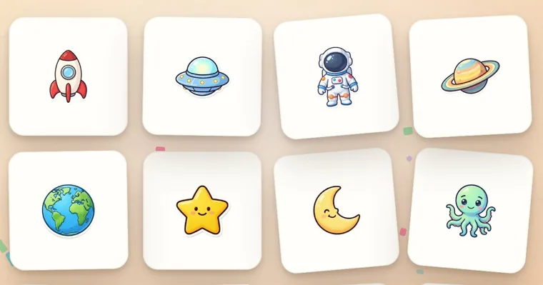 Eight white picture tiles in two rows showing a rocket, a flying saucer, an astronaut, a ringed planet, Earth, a smiling star, a crescent moon and a green alien