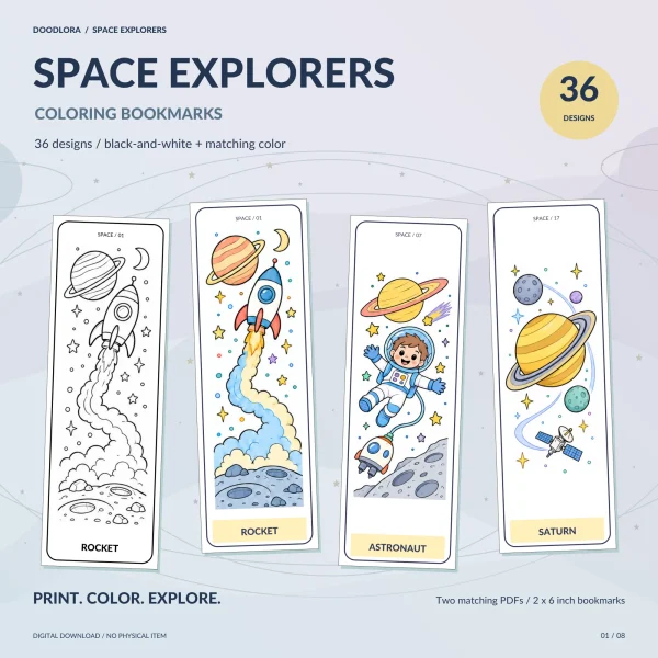 Four space bookmarks, a rocket in outline and the same rocket in color, an astronaut floating above the moon and a ringed planet with a satellite