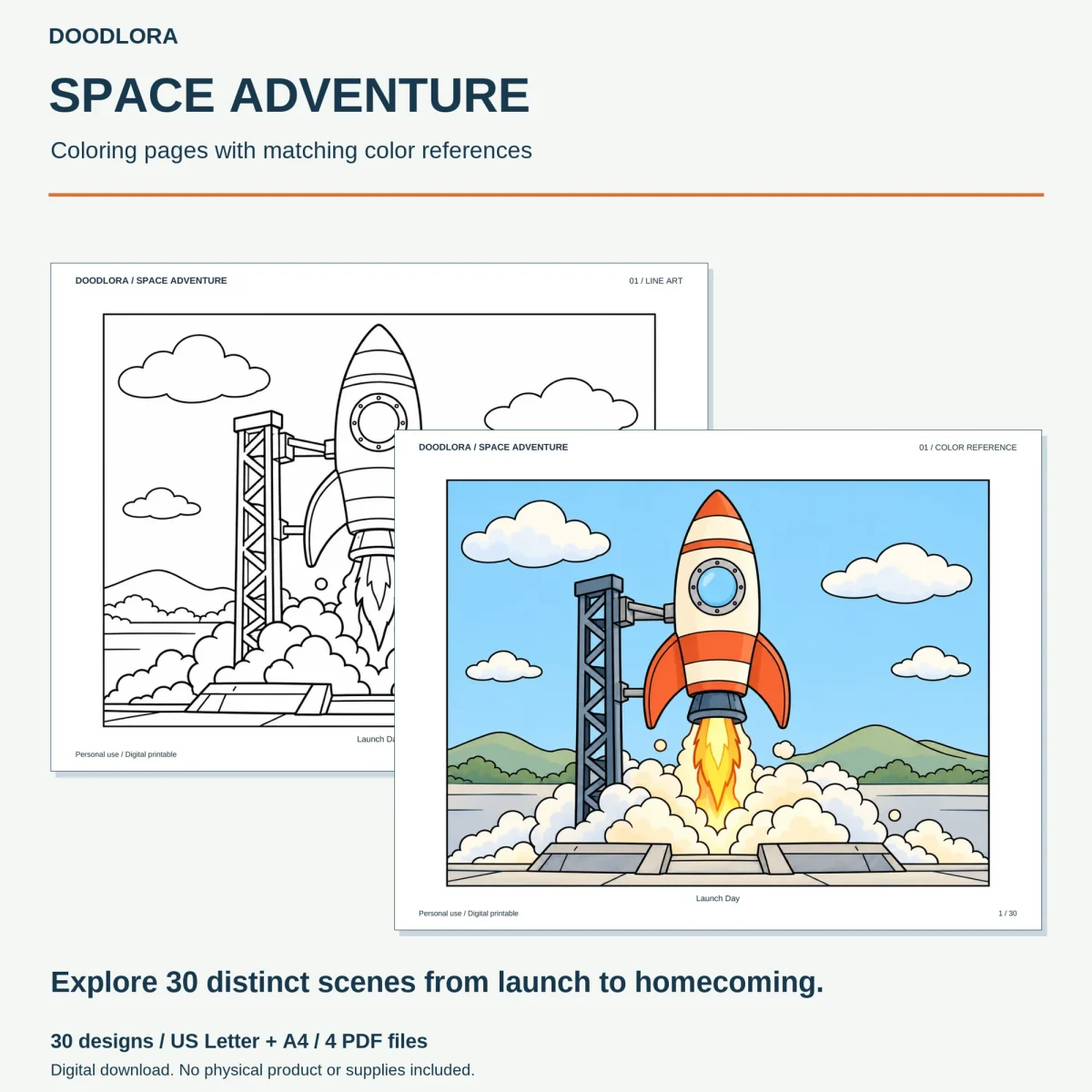 Launch Day page, a rocket lifting off beside its tower in clouds of smoke, as line art and as an orange and blue color reference