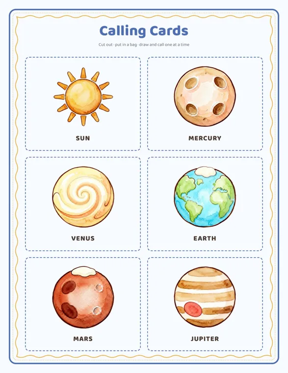 Calling card page with six watercolor pictures in dashed boxes, labeled Sun, Mercury, Venus, Earth, Mars and Jupiter