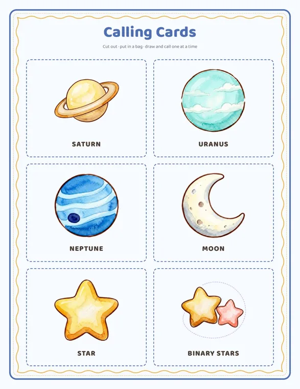 Calling card page with six watercolor pictures labeled Saturn, Uranus, Neptune, Moon, Star and Binary Stars
