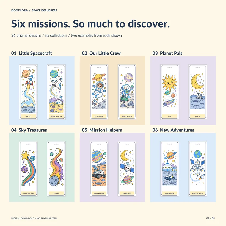 Two sample bookmarks from each of six space collections, including a rocket, an astronaut, a smiling sun, a comet and a moon rover