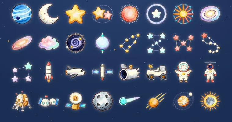 Rows of watercolor space pictures on dark blue, including Neptune, a crescent moon, galaxies, star patterns, a rocket, a shuttle, astronauts and a lunar lander