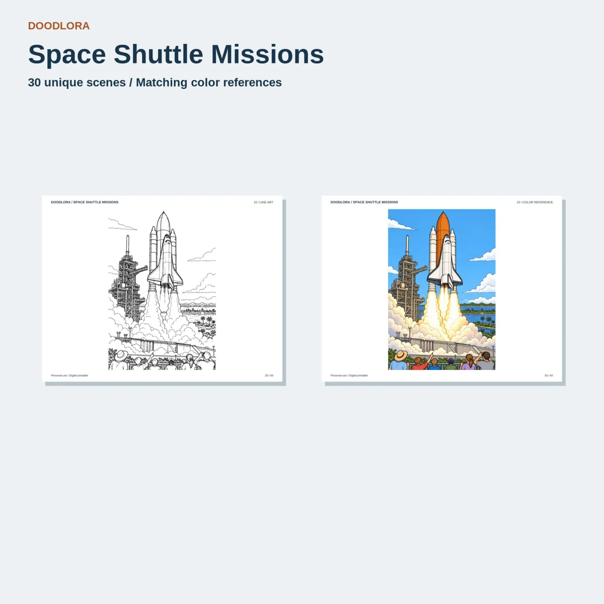 Liftoff scene as line art and in color, the shuttle rising from the launch tower on a column of smoke while a crowd watches