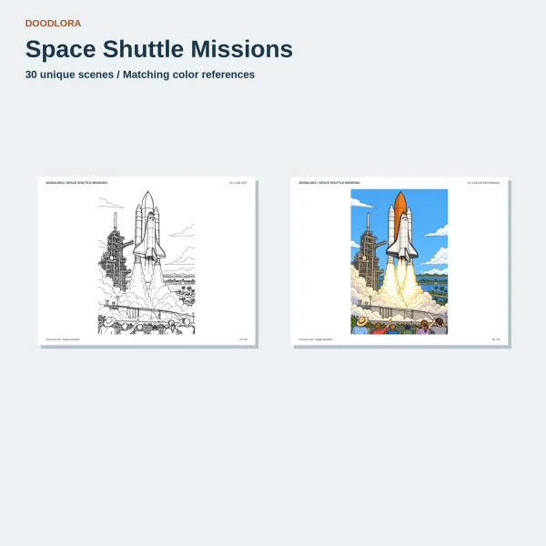 Liftoff scene as line art and in color, the shuttle rising from the launch tower on a column of smoke while a crowd watches