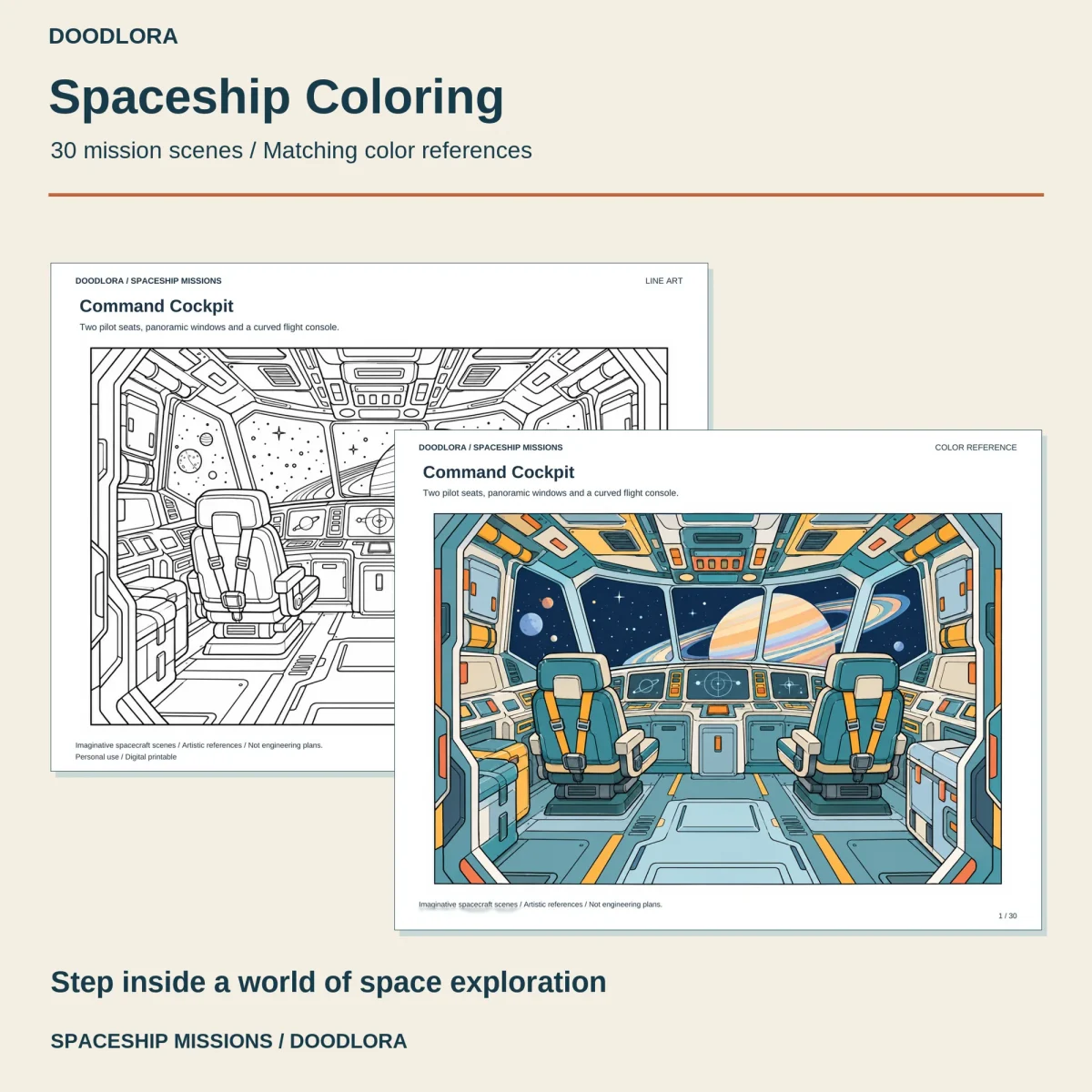 The Command Cockpit page with two seats and a curved console, as line art and with its color reference laid over it