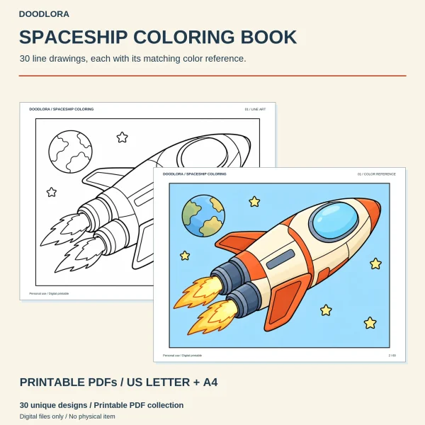 Design 01, a cartoon rocket ship with a bubble window and two flaming engines, as line art and in orange and cream on a light blue sky