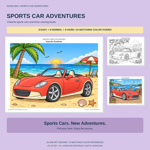 Sports Car Adventures cover with a red roadster on a beach under a palm tree, an orchard outline and a red coupe at a marina