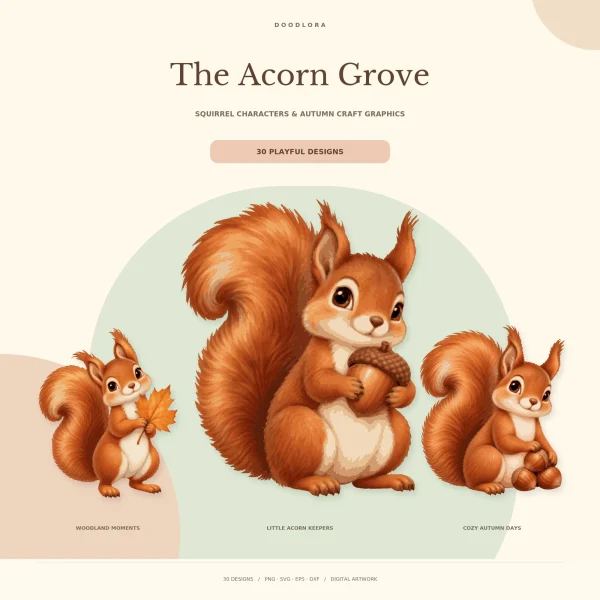 Three fluffy orange squirrels with tufted ears, the largest hugging an acorn, one holding a maple leaf and one sitting with hazelnuts