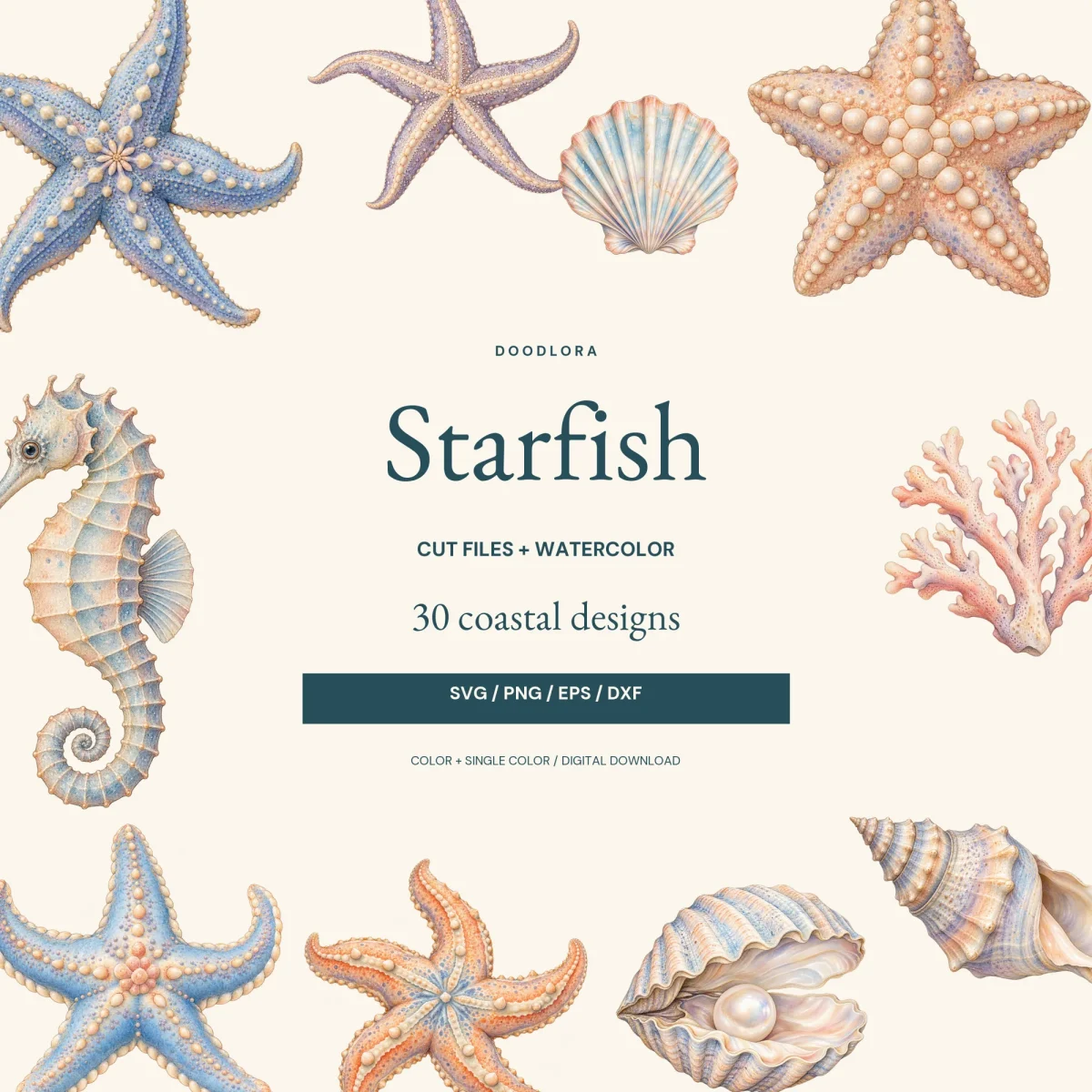 Watercolor sea stars in blue, lavender and peach around the word Starfish, with a scallop shell, seahorse, pink coral, pearl clam and conch