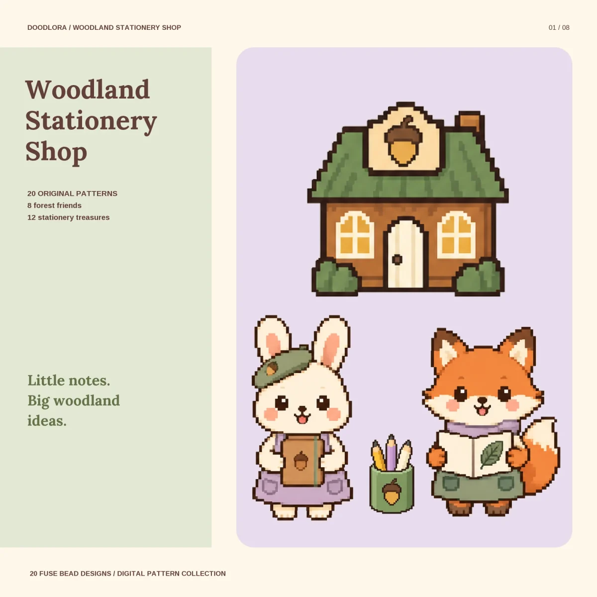 A small shop with a green roof and an acorn sign above a bunny holding a notebook, a pencil cup and a fox reading an open sketchbook
