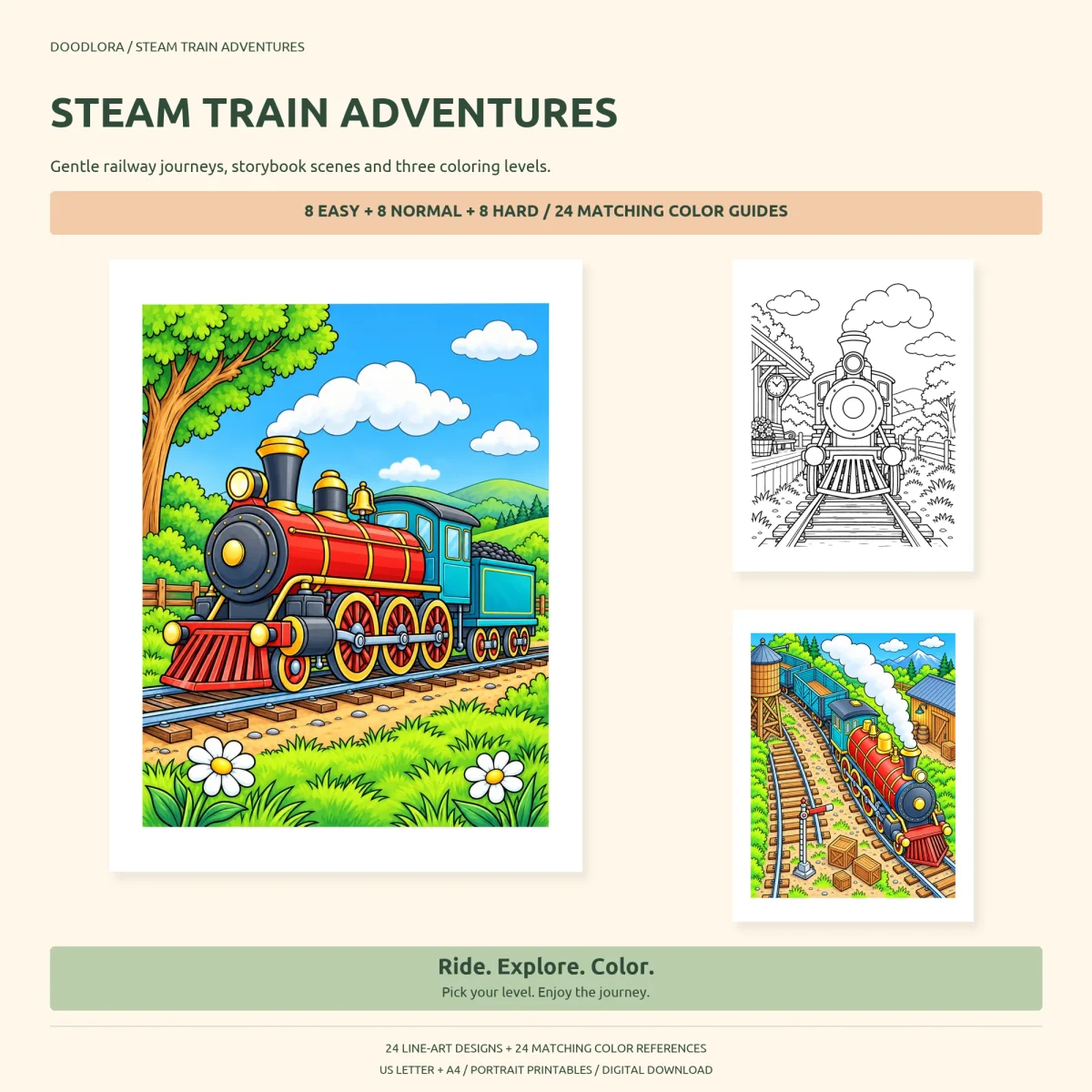 Colored red and teal steam locomotive with a coal tender on a meadow track, beside a station outline and a busy rail yard colored page