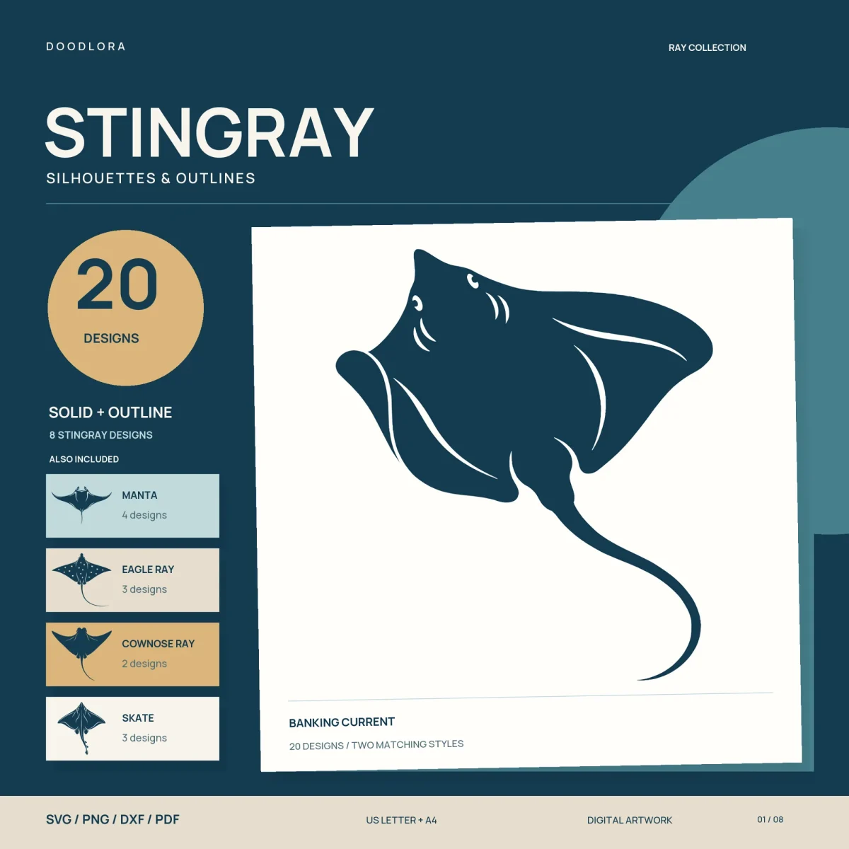 A navy stingray silhouette banking across a white card with fine pale fold lines and a long curling tail, beside small manta, eagle ray, cownose ray and skate tiles