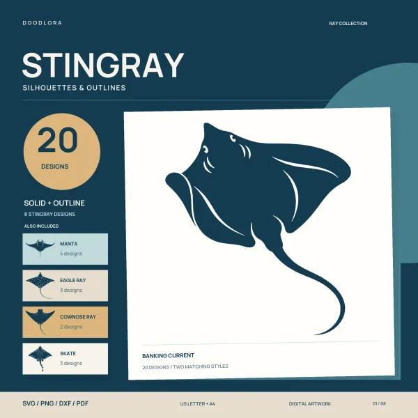 A navy stingray silhouette banking across a white card with fine pale fold lines and a long curling tail, beside small manta, eagle ray, cownose ray and skate tiles