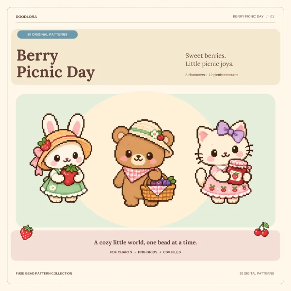 A cream bunny in a straw hat holding a strawberry, a brown bear with a berry basket and a white kitten with a jar of strawberry jam, all in pixel art