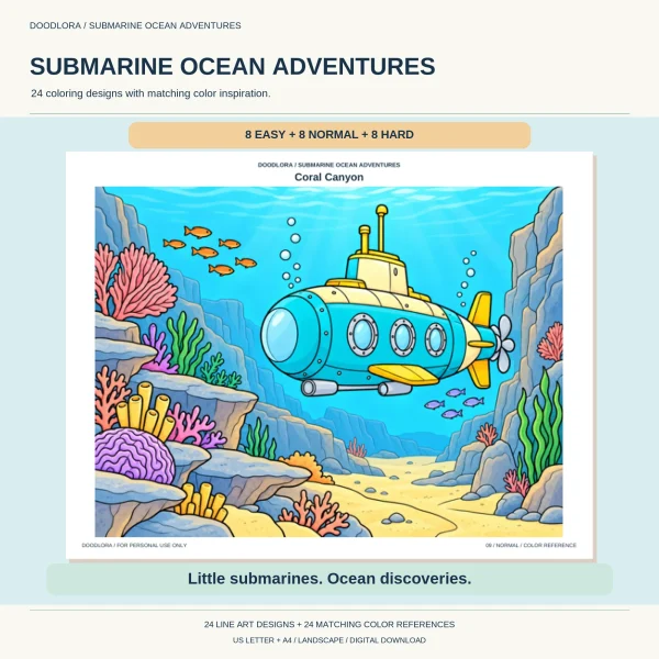 Coral Canyon colored page, a turquoise and yellow submarine between rocky reef walls with orange fish, under an 8 Easy, 8 Normal, 8 Hard label