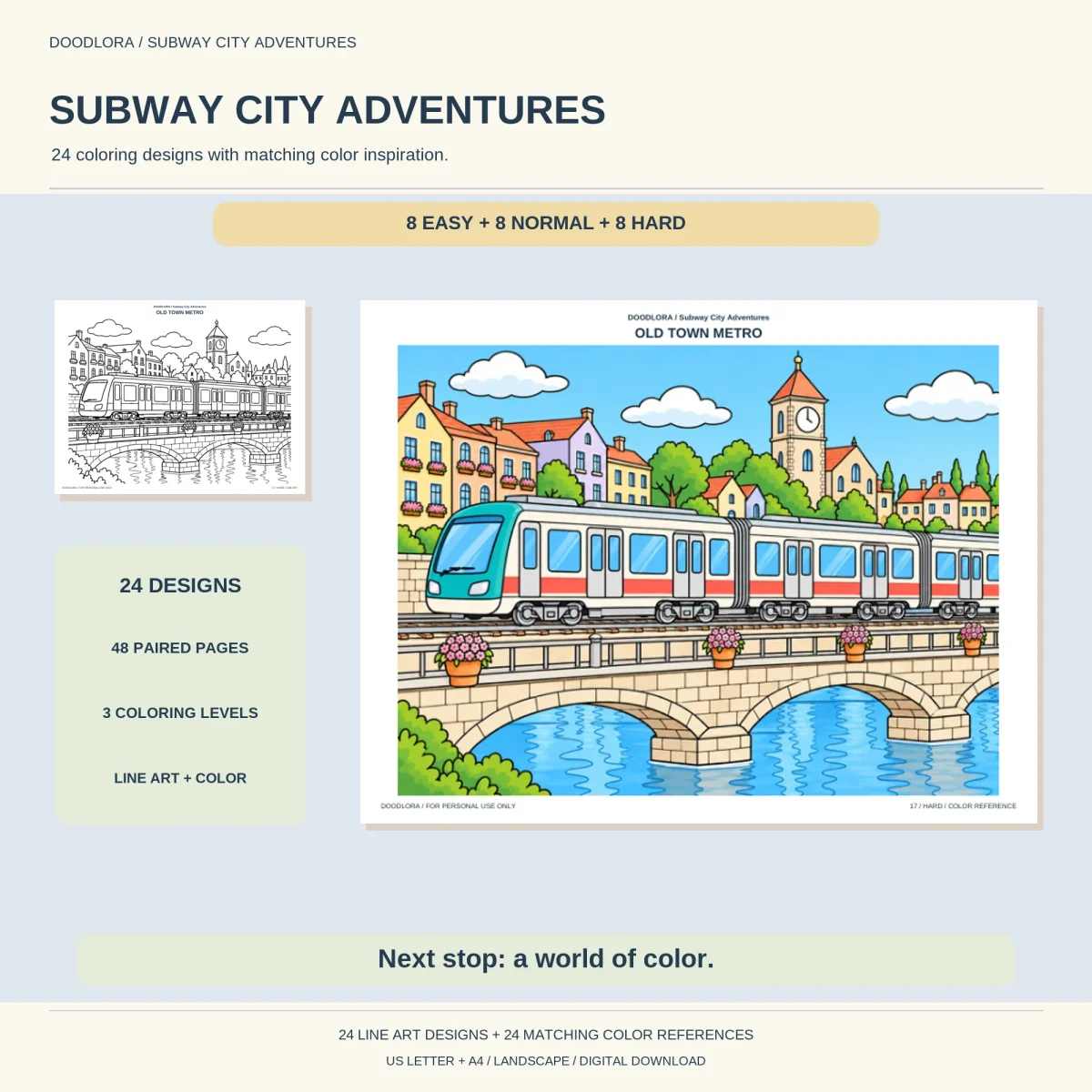 Old Town Metro colored page, a white train with a red stripe crossing a stone bridge below colorful old houses and a clock tower