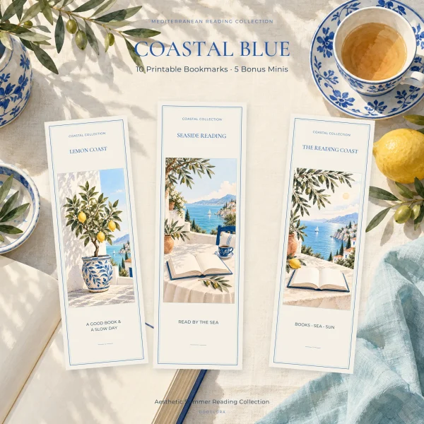 Three coastal bookmarks with a lemon tree in a blue patterned pot, a book on a seaside terrace and a bay view, laid on linen beside a teacup