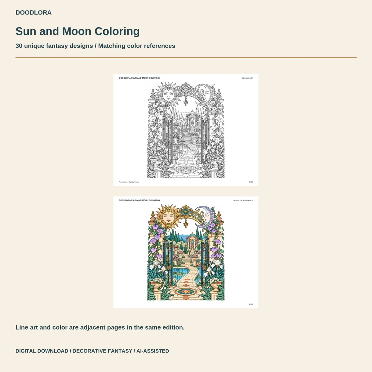 Design 01, a garden gate under a sun and crescent moon arch, as a line drawing above its gold, teal and lilac color page