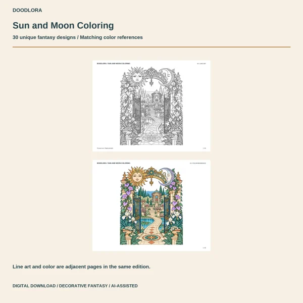 Design 01, a garden gate under a sun and crescent moon arch, as a line drawing above its gold, teal and lilac color page