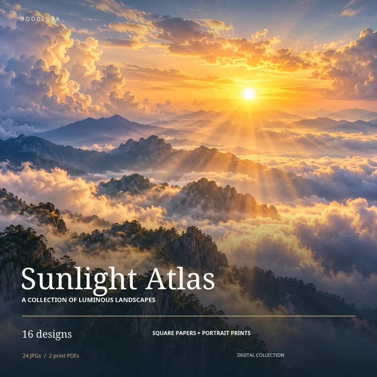 Golden Cloud Peaks, a low sun sending rays across pine-covered rock peaks that rise out of a sea of glowing clouds, under the title Sunlight Atlas