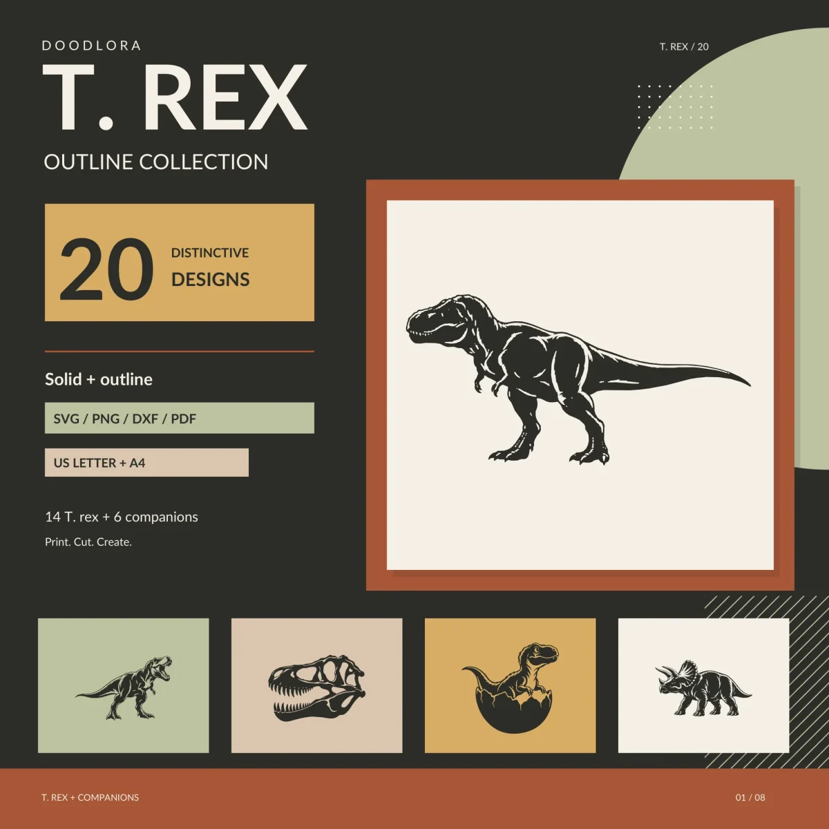 A detailed black T. rex standing side-on in a framed panel, with smaller tiles of a roaring rex, a skull, a hatchling in an egg and a triceratops, next to the words 14 T. rex plus 6 companions
