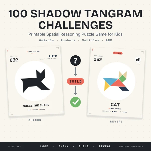 A black cat shadow card for challenge 052 and its answer card showing the cat built from seven colored tangram pieces
