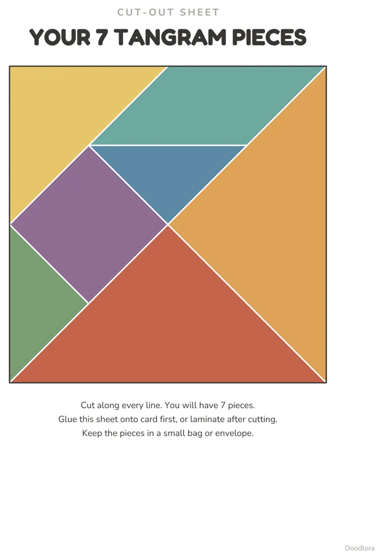 The tangram cut-out sheet: one square split into two large triangles, a medium triangle, two small triangles, a square and a parallelogram, each in its own color