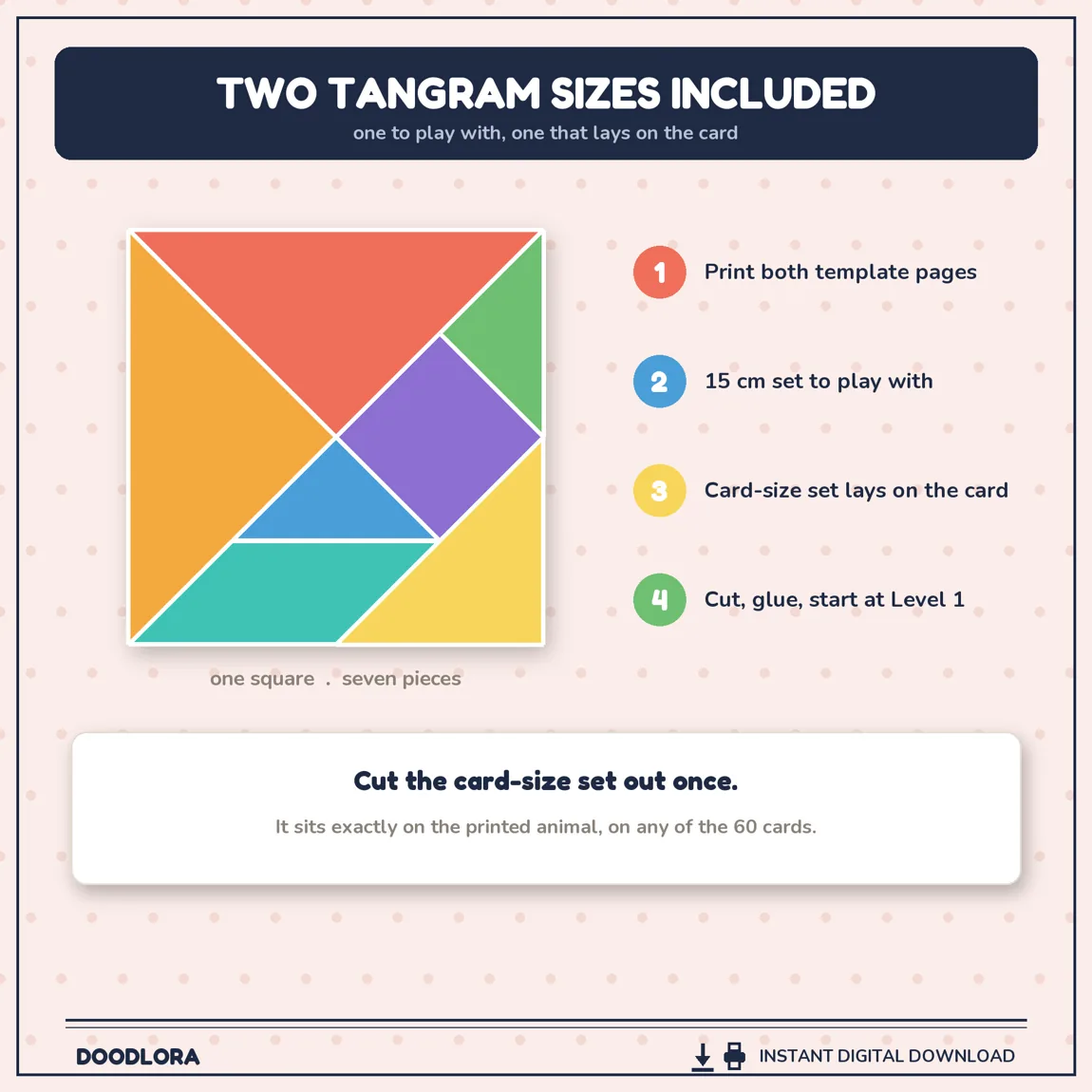 A seven-piece tangram square in seven colors beside four numbered steps, over a note that the card-size set sits exactly on the printed animal